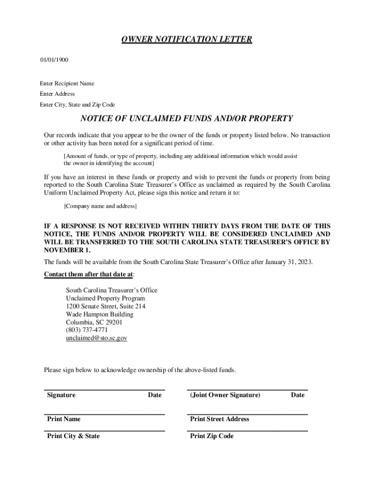 Unclaimed Funds Letter - Fill Online, Printable, Fillable, Blank Preview on Page 1