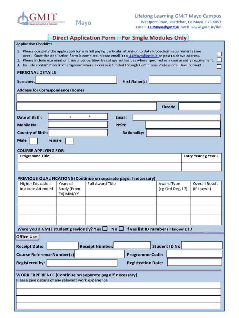 Fillable Online Direct Application Form For Single Modules Only Fax ...