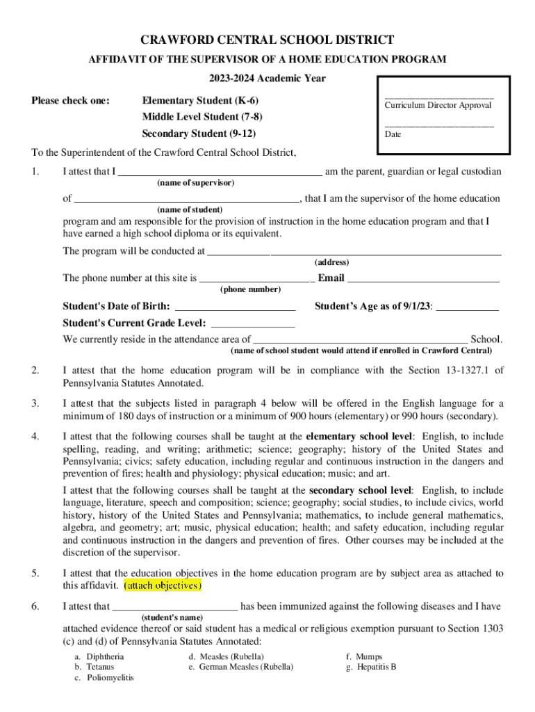 Fillable Online Affidavit of the Supervisor of a Home Education Program ...