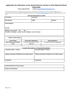 Application for Admission to the Special Class for Autism