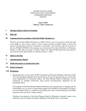 Point Pleasant Board of Education Workshop Meeting Agenda