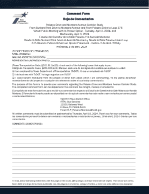 Comment form. paisano drive and montana avenue corridor study