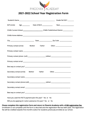 2021-2022 School Year Registration Form - Phoenix Academy