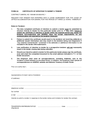 CERTIFICATE OF INTENTION TO SUBMIT A TENDER
