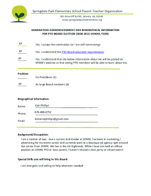 Nomination Acknowledgment and Biographical Information for Pto Board Election