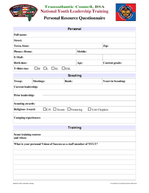 Personal Resource Questionnaire. Brownsea National Youth Leadership Training Conference