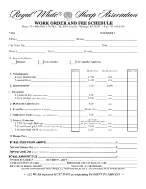 Royal White Sheep Association Work Order and Fee Schedule