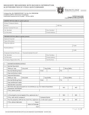 Machinery Breakdown With Business Interruption & Deterioration of Stock Questionnaire