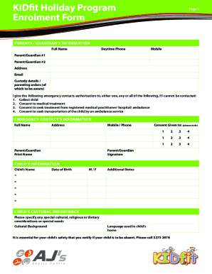 Kidfit Holiday Program Enrolment Form