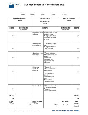 QUT Moot Competitiong Scoring Sheet. The scoring sheet for the QUT Moot Competition.
