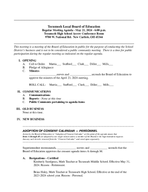 Tecumseh Local Board of Education Regular Meeting Agenda