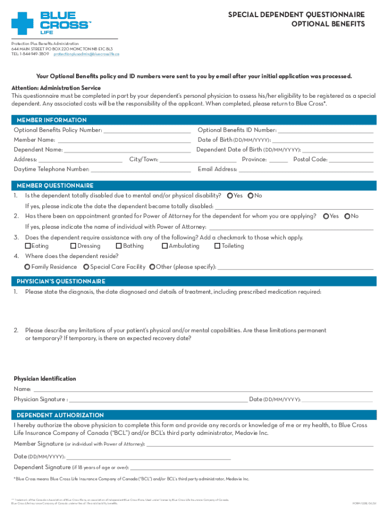 Fillable Online Special Dependent Questionnaire for Optional Benefits ...