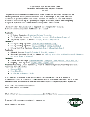 Spsg Summer Math Reinforcement Packet