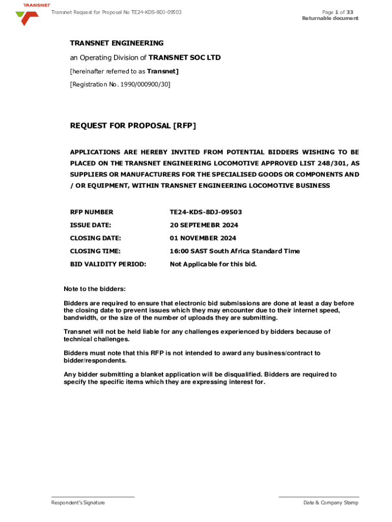 Fillable Online Transnet Request for Proposal No TE24-KDS-8DJ-09503 Fax ...