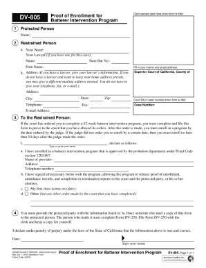 DV-805 Proof of Enrollment for Batterer Intervention Program. Judicial Council forms