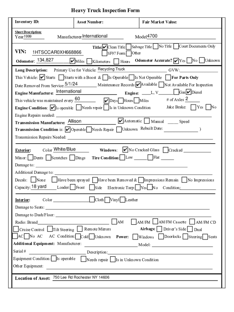 Heavy Truck Inspection Form - Blank Fillable Template | Fill Out, Print ...