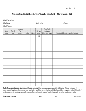 Wisconsin School District Record of Fire / Tornado / School Safety / Other Evacuation Drills
