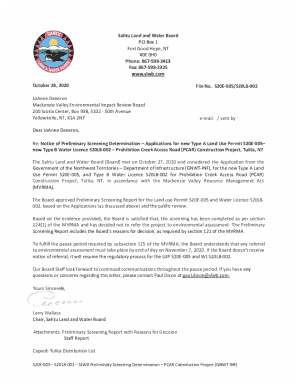 Sahtu Land and Water Board Preliminary Screening Determination