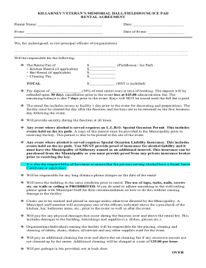 Killarney Veteran's Memorial Hall-Field House-Ice Pad Rental Agreement. Rental agreement application and information