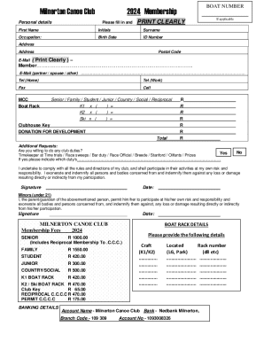 Milnerton Canoe Club Membership Form 2024