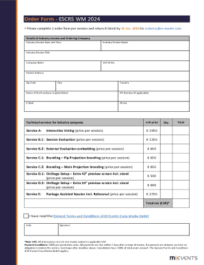 ORDER FORM Industry Session Extras