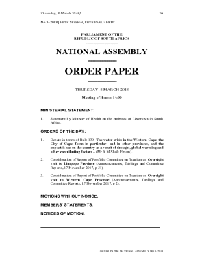 Order Paper: National Assembly No 8–2018