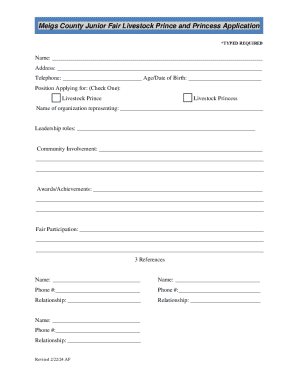 Meigs County Junior Fair Livestock Prince and Princess Application