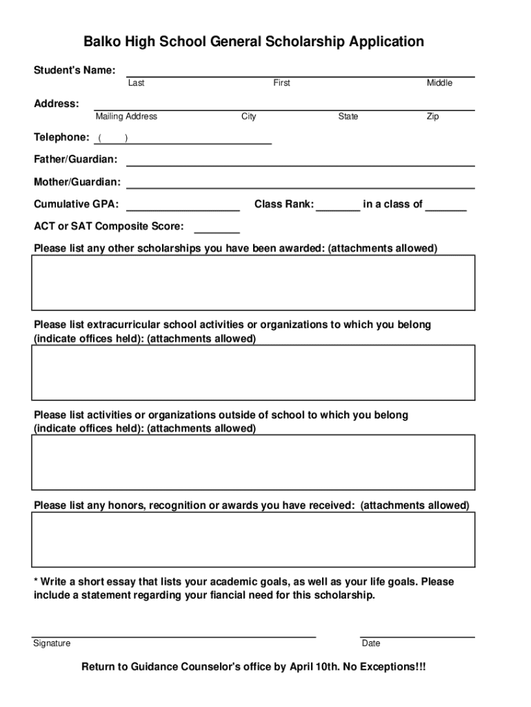 General Scholarship Application - Fill Online, Printable Preview on Page 1