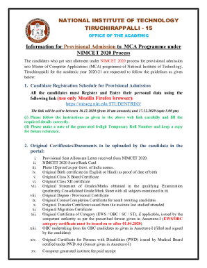 Provisional Admission Mca Nimcet 2020