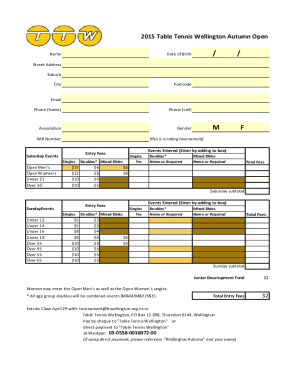 Table Tennis Wellington Autumn Open Entry Form