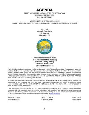 Aliso Viejo Public Facilities Corporation Annual Meeting Agenda