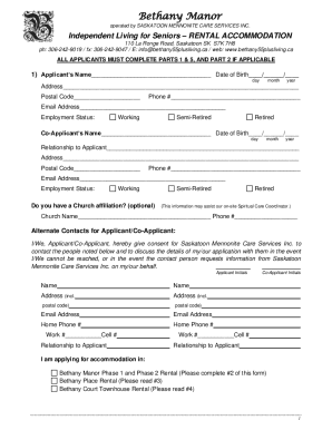 Bethany Manor Rental Application Form