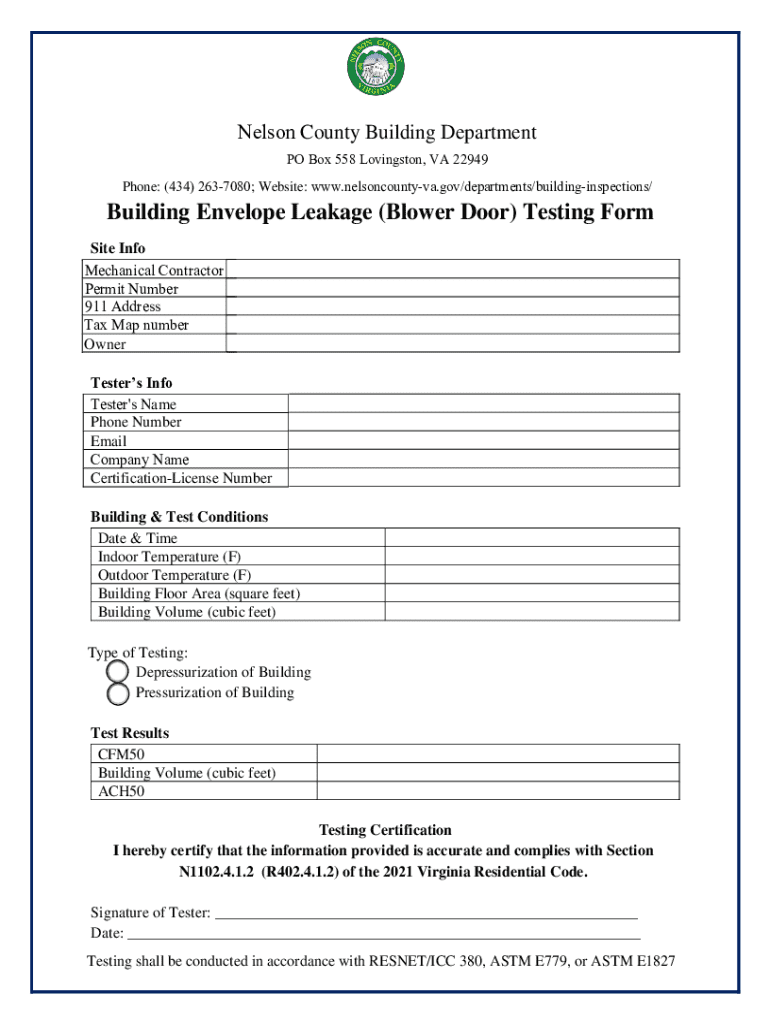 Building Envelope Leakage Testing Form Preview on Page 1