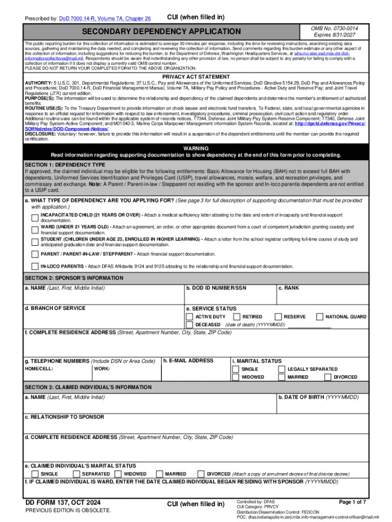 DD Form 137, "Secondary Dependency Application" Preview on Page 1
