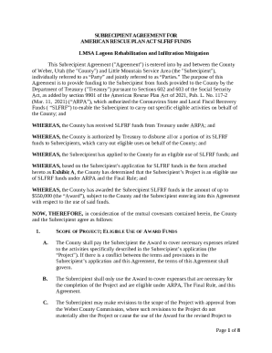 Subrecipient Agreement for American Rescue Plan Act Slfrf Funds