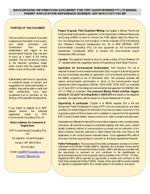 Background Information Document for First Quantum Mining Pty Ltd Mining Permit Application