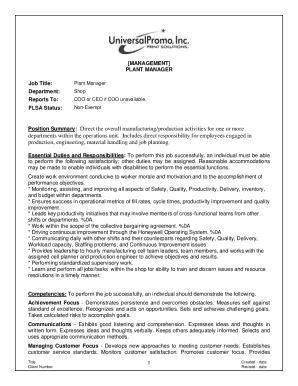 Plant Manager Job Description