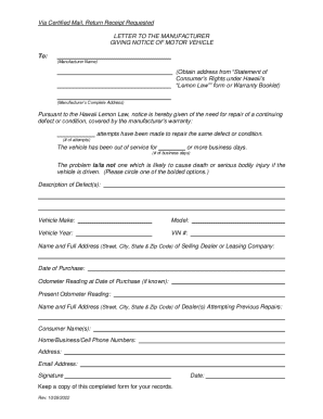 Letter to the manufacturer giving notice of motor vehicle