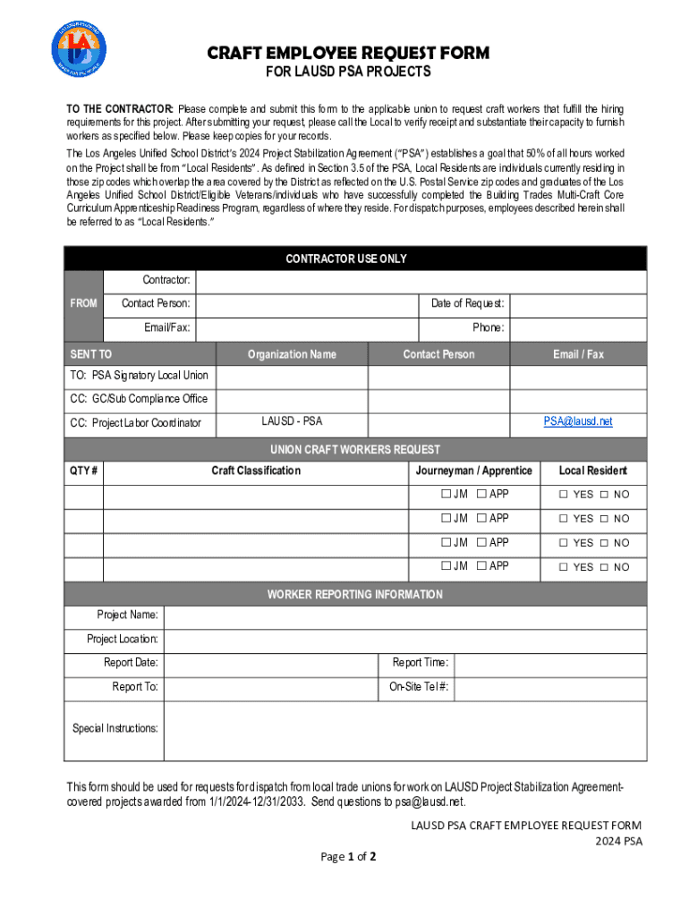 Craft Employee Request Form Preview on Page 1