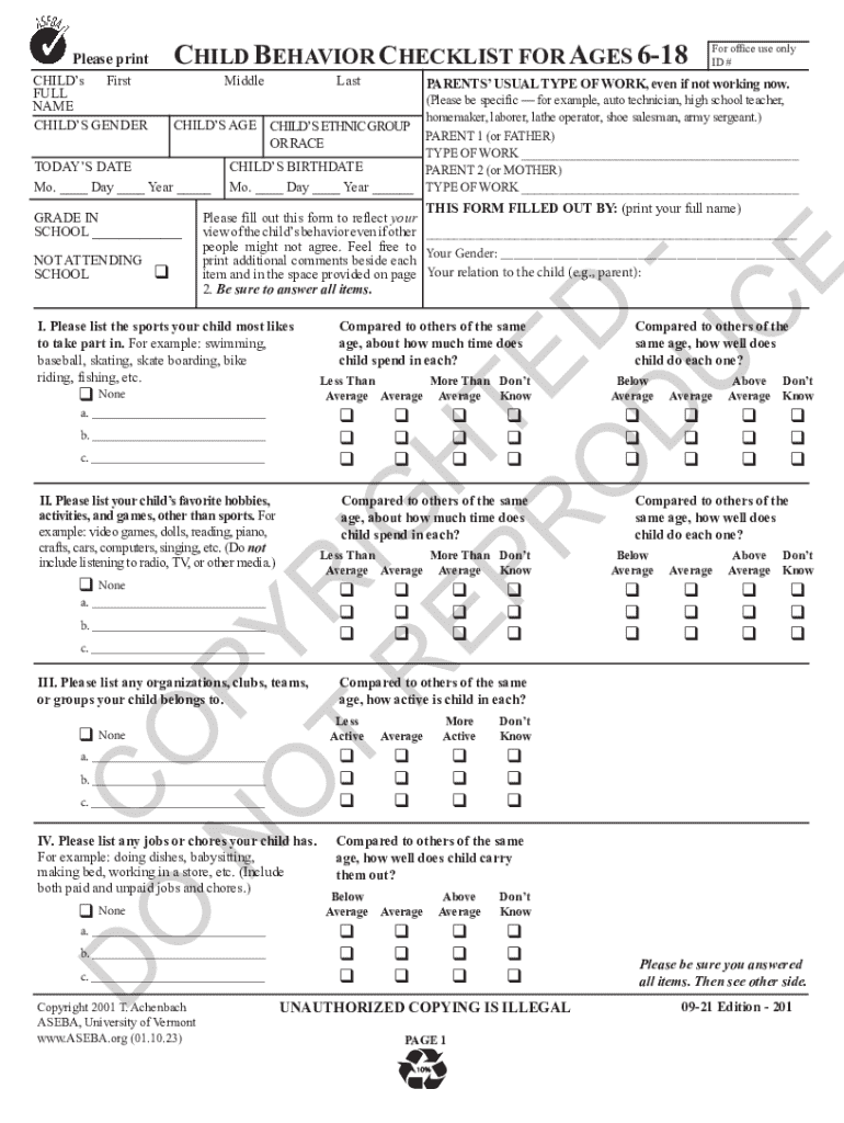 Fillable Online Child Behavior Checklist Fax Email Print - pdfFiller
