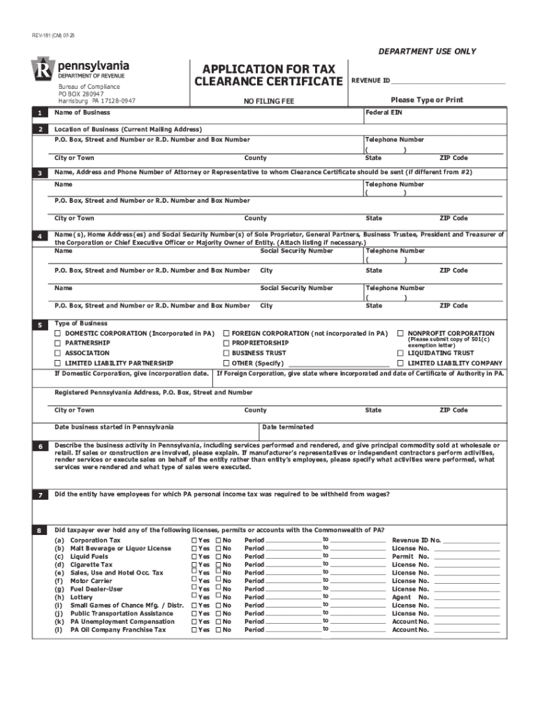 PA Tax Clearance Certificate Application Preview on Page 1