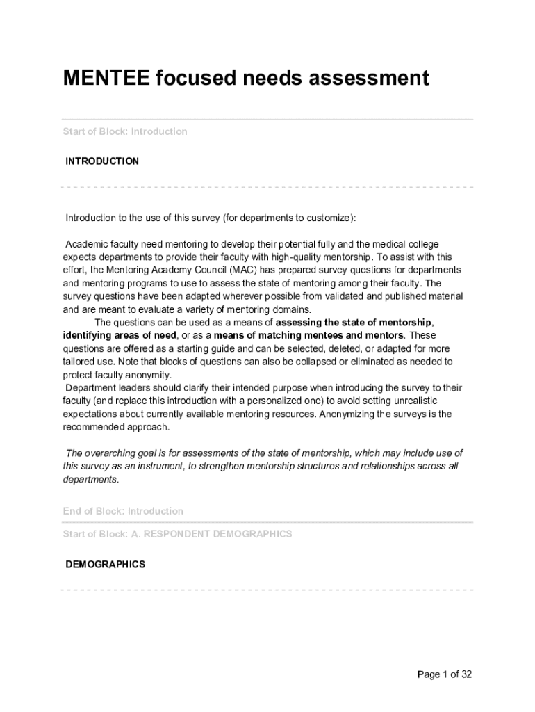 Fillable Online Mentee Focused Needs Assessment Survey Fax Email Print ...