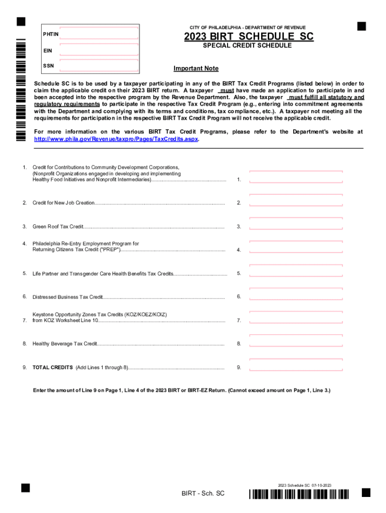 Philadelphia BIRT Schedule SC 2023 Preview on Page 1