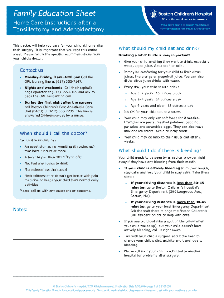 Fillable Online Home Care Instructions After A Tonsillectomy And