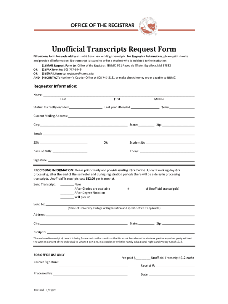 Fillable Online Unofficial Transcripts Request Fax Email Print - pdfFiller