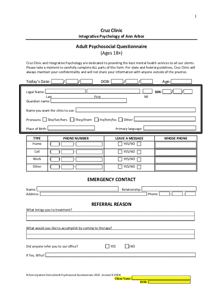 Fillable Online Adult Psychosocial Questionnaire (ages 18+) Fax Email ...