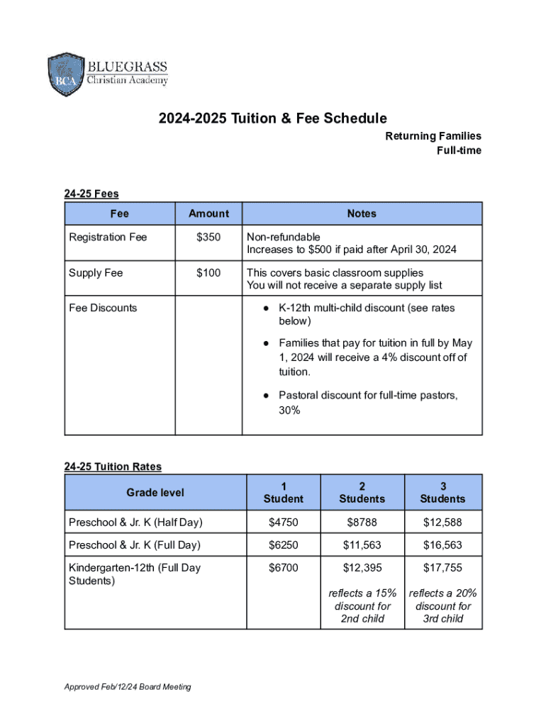 Fillable Online 2024-2025 Tuition & Fee Schedule for Returning Families ...