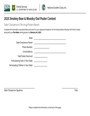 Smokey-Woodsy Poster Contest State Winners Report. A form to report State statistics for the Smokey Bear and Woodsy Owl Poster Contest