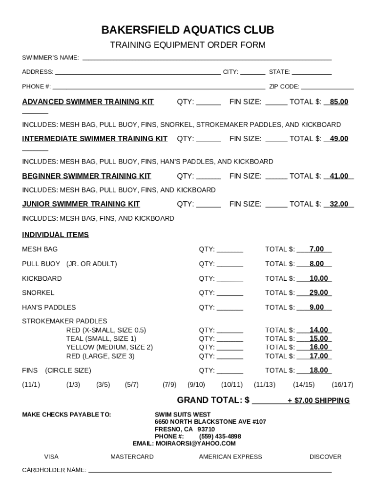Bakersfield Aquatics Club Training Equipment Order Doc Template | pdfFiller
