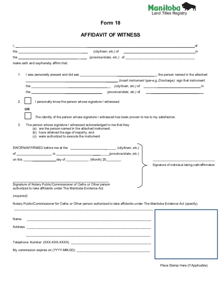 Form 18 Affidavit of Witness: (Province state, Etc ) ofPDF Preview on Page 1